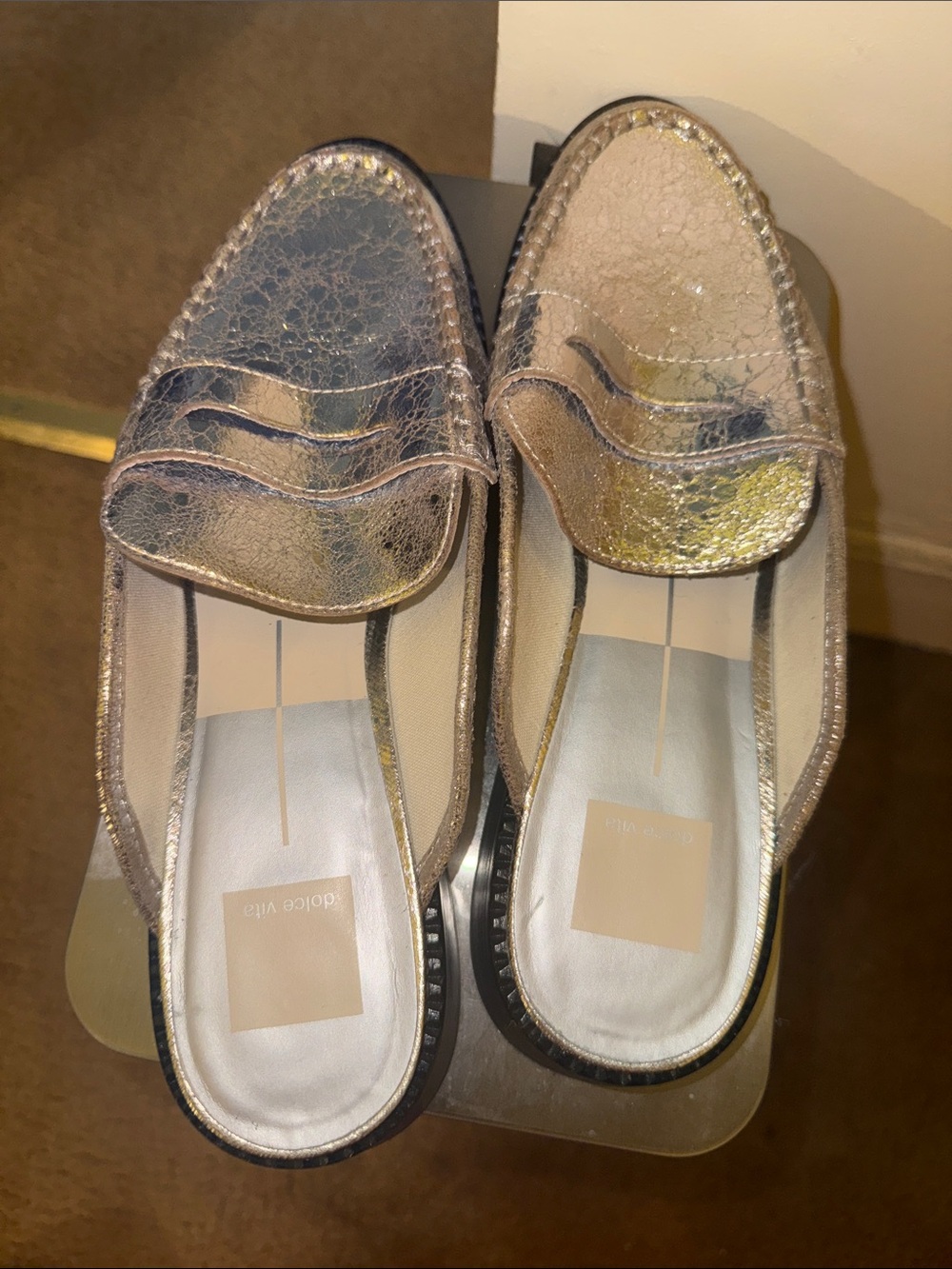 Dolce Vita Metallic Crackle Mules in Rose Gold and Silver